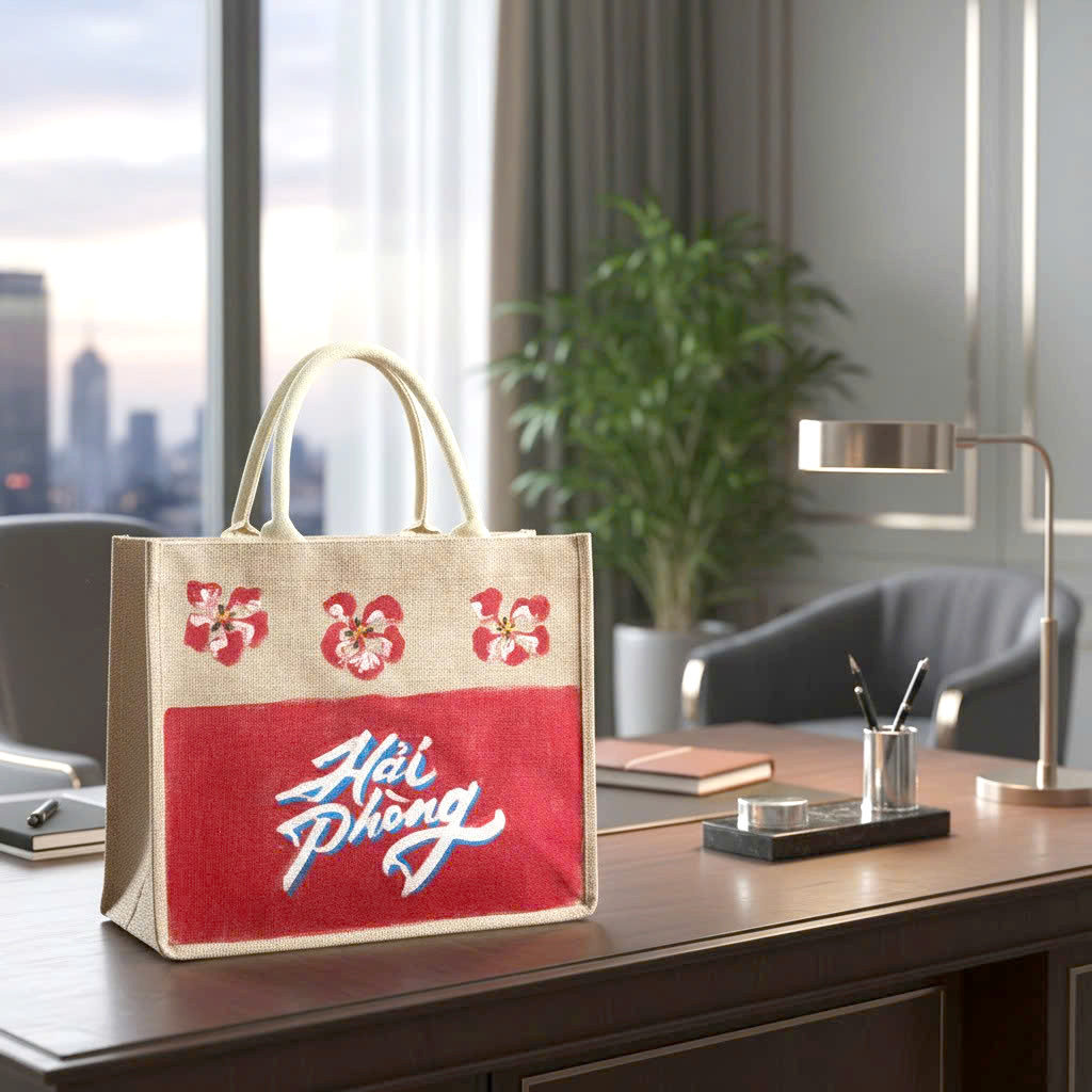 Túi đay vẽ tay logo Hải Phòng 35x30x14cm